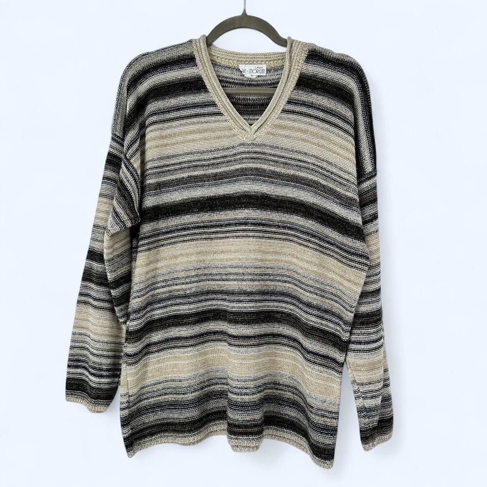 Horizontal Earth Tone Multi Stripe V Neck Slouchy Knit 90s Vintage Sweater
